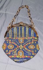 Antique 1920s Art Deco Micro-Beaded Purse - Carved Celluloid Frame  Chain - EXC