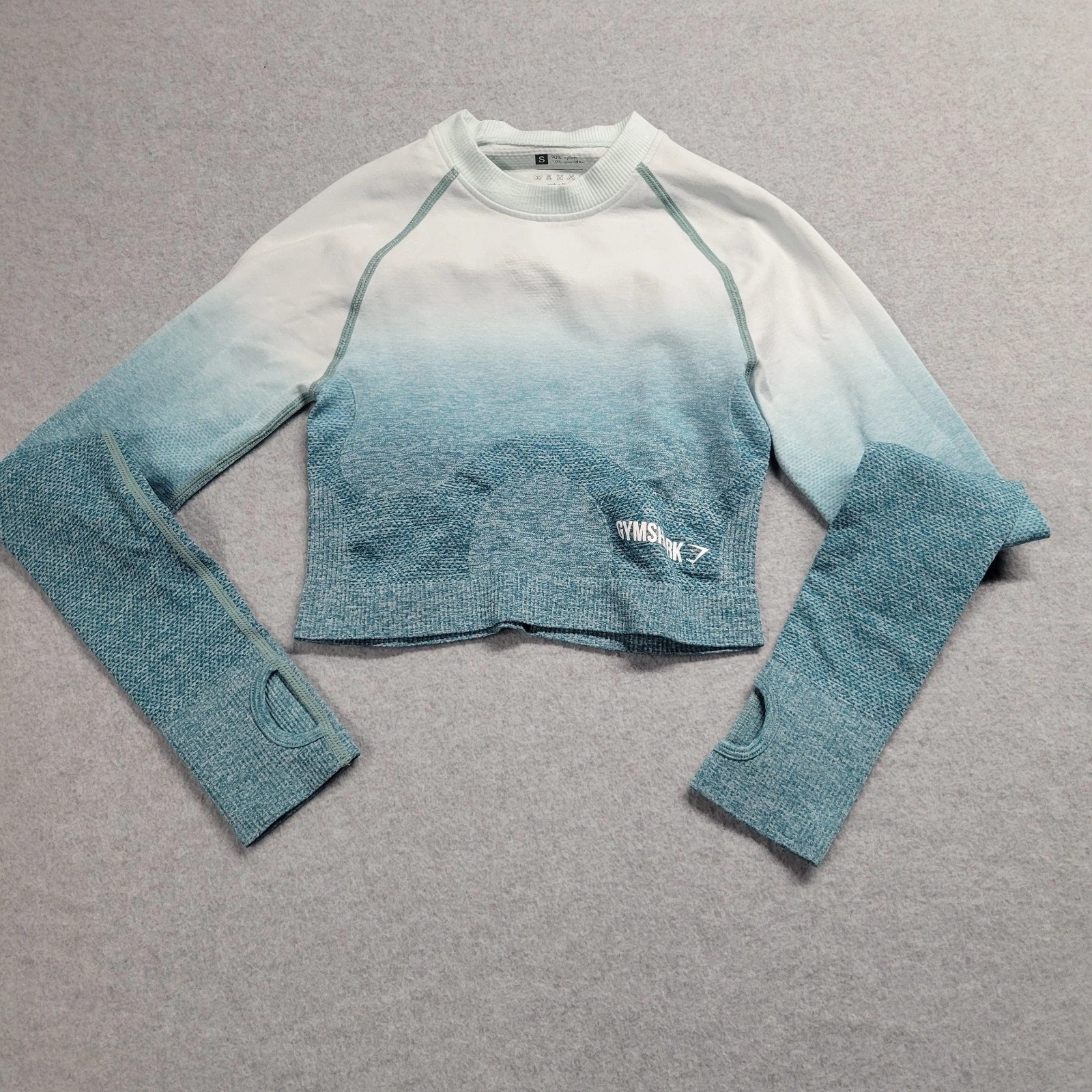 Gymshark Adapt Ombre Seamless Long Sleeve Crop Top Teal White Small Thumbholes