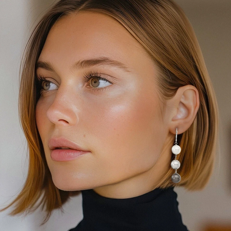 925 Sterling Silver 10mm White Grey Black Shell Pearl Dangle Earrings - Image 3 of 4