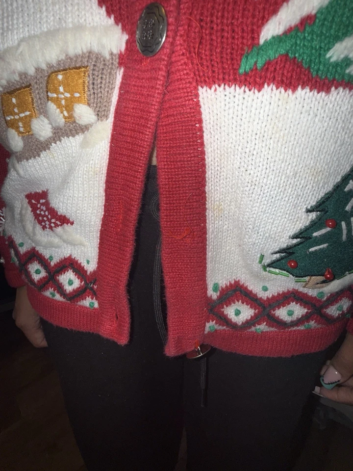 Vintage Red Christmas Cardigan Sweater with Cabin Design. Size XL - Image 3 of 4