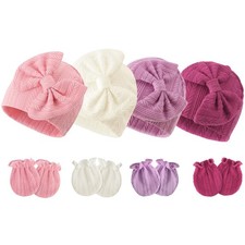 Newborn Baby Hats and Mittens Set Infant Bow Beanie Cap Toddler Gloves Newbor...