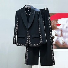 Men Luxury Fashion Casual Suit Set Pearl Embroidered Loose Fit Straight Leg Pant