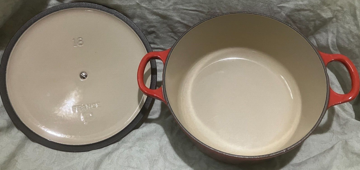 Le Creuset France #18 Red Enamel Cast Iron Round Dutch Excellent