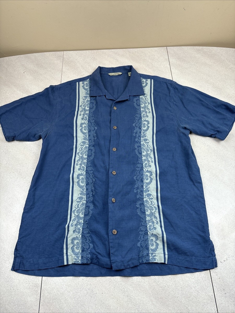 Tommy Bahama Hawaiian Silk Shirt Men’s M Blue Embroidered Floral Country  Club