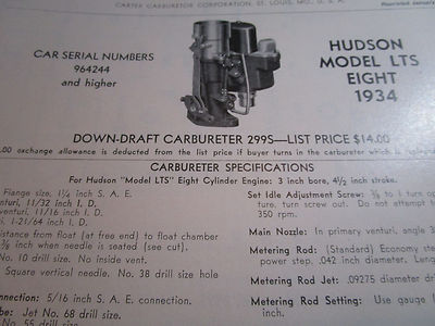 ORIGINAL 1934 Hudson LTS Eight Carter Carbureter Spec /Specifications