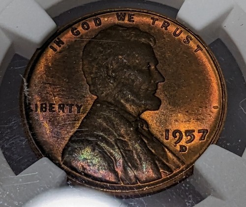 1957 - D - Lincoln Wheat Cent Penny - NGC - MS64 RB - Toned - Picture 3 of 10