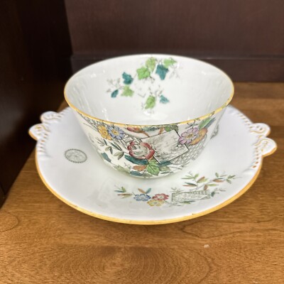 W. A. A. Adderley Lyons Bowl & Saucer Transfer Ware Flowers Ribbon 10  Antique