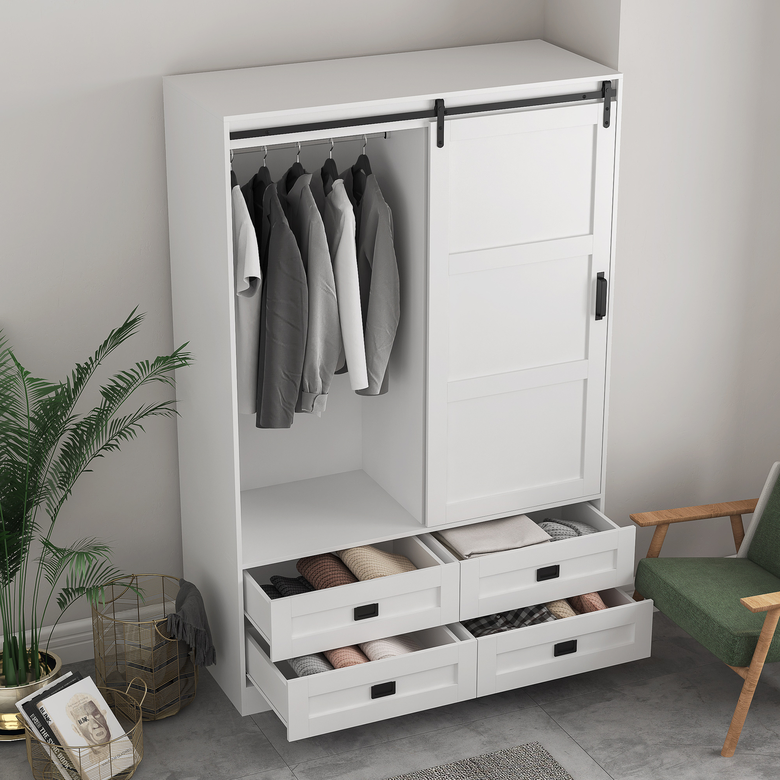 Sliding Door Wardrobe Cabinet with Hanging Rail and 4 Drawers for Storage-image