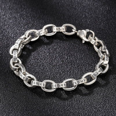 Pure S925 Sterling Silver Chain Six Words Oval O Link Bracelet 38