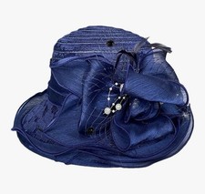Elegant Ladies Fascinators Church Hat Lace Bow Wide Brim Bucket Hats Navy Blue