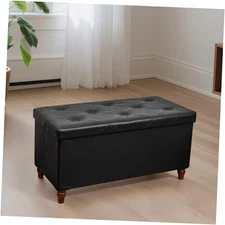  30 Inches Storage Ottoman Bench with Wooden Legs, Faux Engineered Wood Black