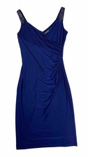 Ralph Lauren Ruched V-Neck Sleeveless Beaded Straps Dress Portuguese Blue 6
