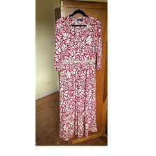 Weird Fish Red White Floral Cotton Maxi Dress Long Sleeve V-Neck Size 12