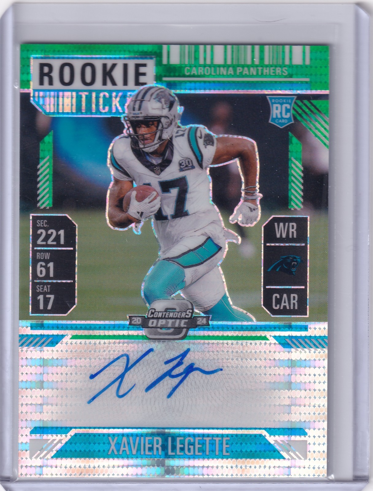2024 Contenders Optic Rookie Ticket Auto Green Pulsar Xavier Legette/30 PANTHERS