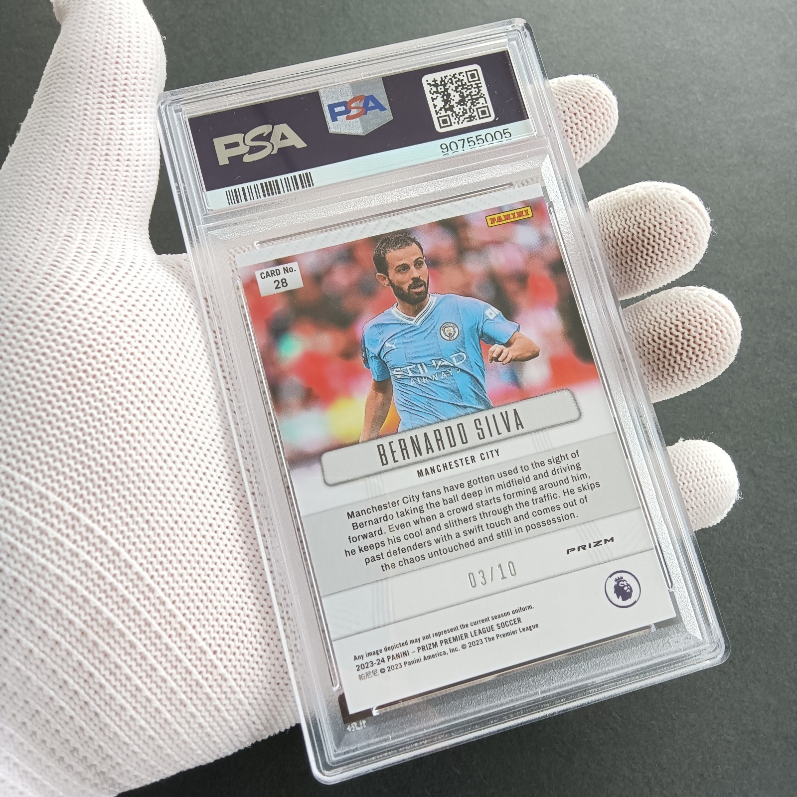 PSA 9 Bernardo Silva #28 03/10 Gold Flashback 2023‑24 Prizm Premier League Man C view 4