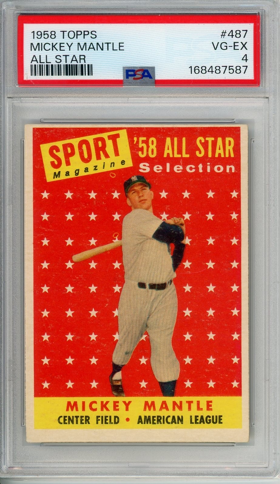 1958 Topps MICKEY MANTLE AS #487 PSA Grade 4 VG-EX Cond "Just Graded INVEST"