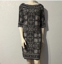 Max Studio L Black Cream Print Sheath Dress Knee Length Work Office Chic