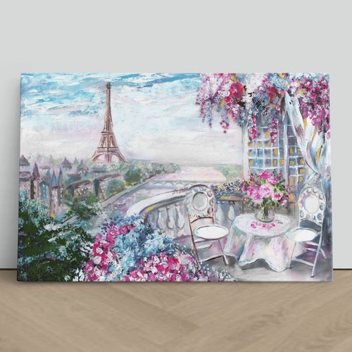 Paris Balcony Eiffel Tower Oil Painting Canvas Framed Print Picture Wall Art - Picture 4 of 29