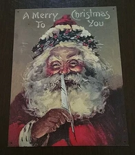 Vintage Christmas Tin Sign Santa Holding Quill Pen 16"X 12.5"
