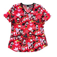 Disney Scrub Top Women's Small Red Minnie Mickey Mouse Valentine's Day Hearts