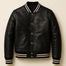 Men's Leather Varsity Jacket - Black Leather Bomber Jacket for Men