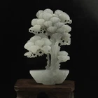Natural hetian Jade Hand Carved pine tree feng shui home decor with stand #37