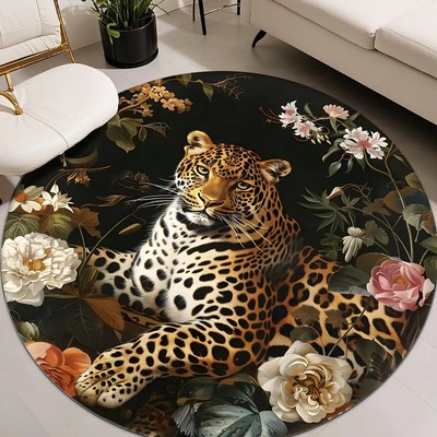2D Flat, 2D Flat Print Luxury Velvet Round Mat with Vibrant Jungle Leopard Patte