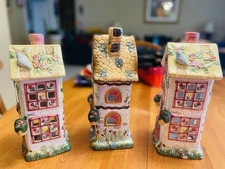 Vintage 3 Ceramic Cottage House Tea Light Candle Hldr w/ Hanging Flower Baskets