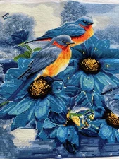 Handmade Gift completed finished cross stitch Blue bird 23''x 23'' Unframed New
