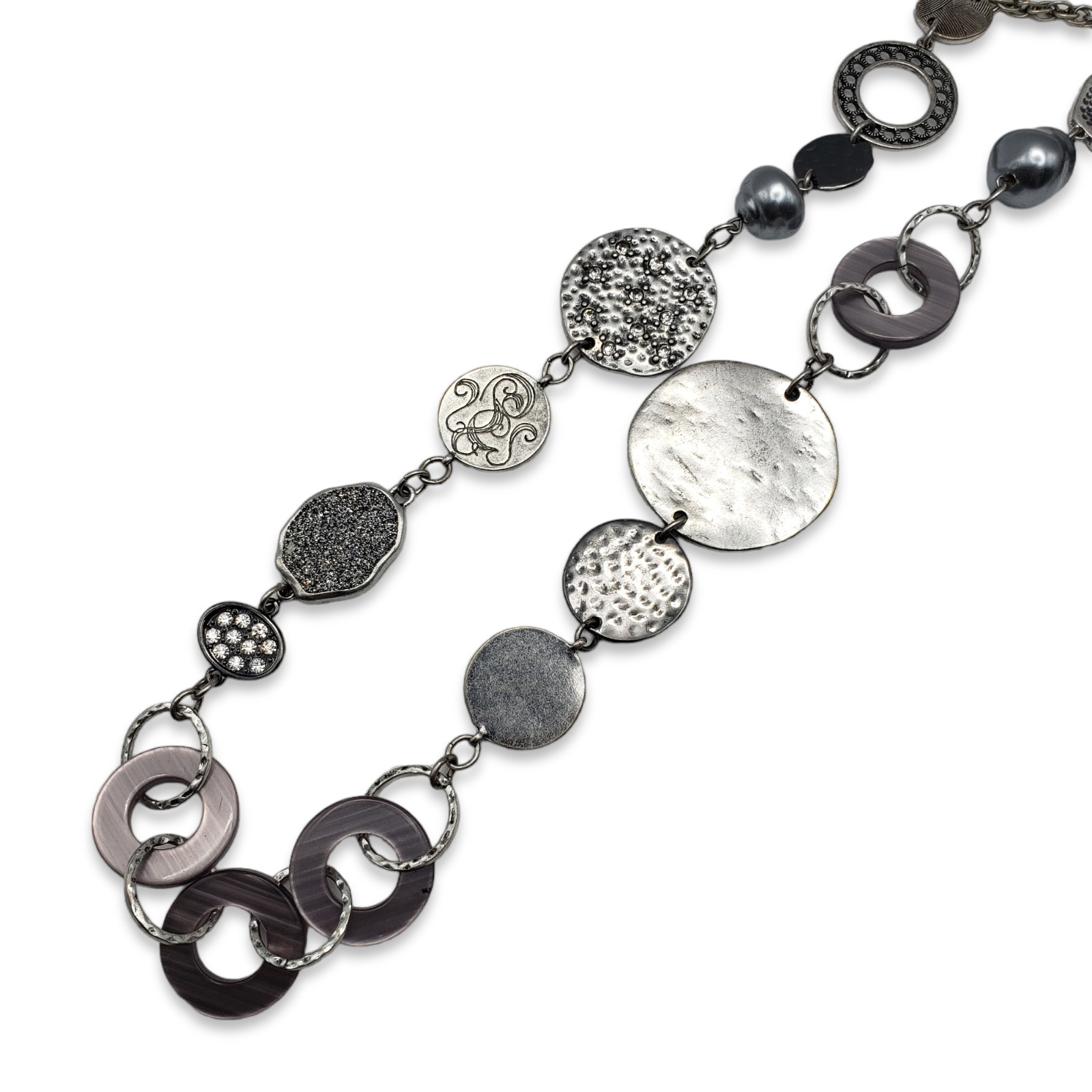 Chico's Long Silver Tone Discs Statement Necklace… - image 2