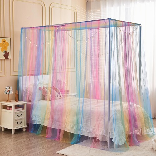 Rainbow Bed Canopy for Girls Kids with Light,4 Corner Post Princess Canopy Bed - Picture 2 of 5