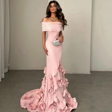 Satin Mermaid Evening Dresses Off Shoulder 3D Flowers Backless Prom Party Gowns