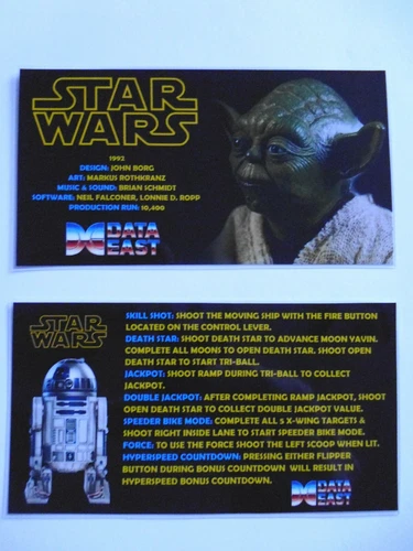 * 'STAR WARS' Data East 1992 Custom Instruction/Apron Cards * (New)