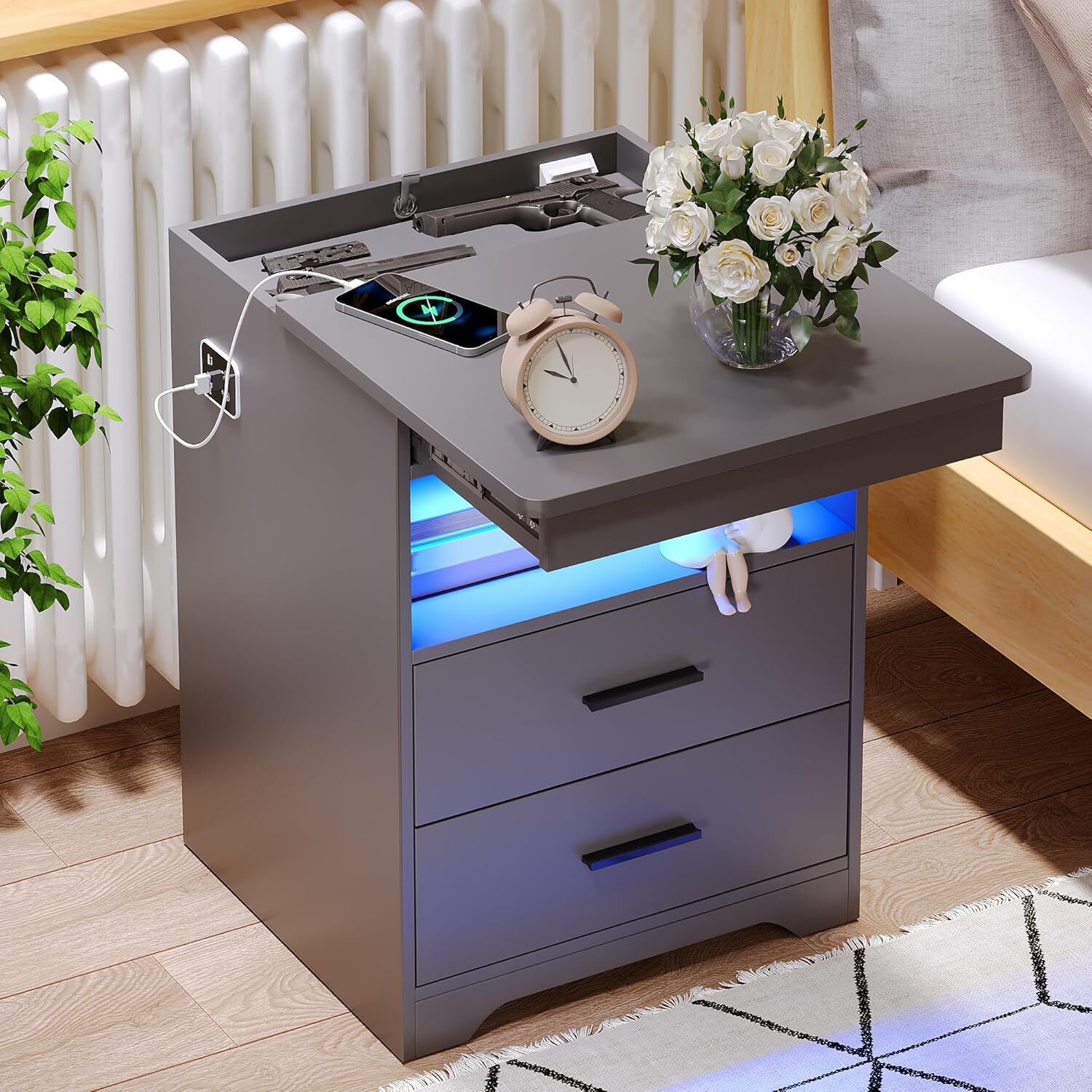 Nightstand with Hidden Gun Drawer and USB Type-C Charging Bedside Table-image