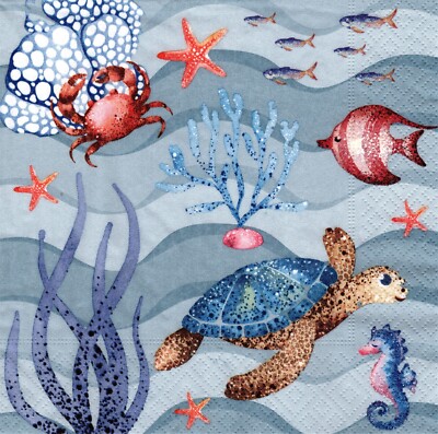 (2) Two Paper Lunch Napkins for Decoupage/Mixed Media - Deep Sea ocean animals