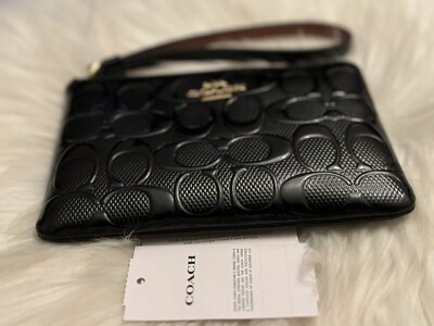 COACH CV418 Corner Zip In Signature Leather In Gold/ Black NWT