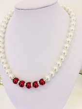 Bridal Ivry & Red Glass Pearl Necklace With Rhinestone Beads & Claw Clasp.