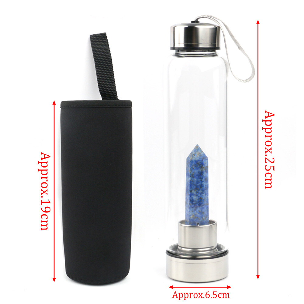 Quartz Crystal Water Bottle With Obelisk Wand - 600ml Natural Healing Gem Elixir Bottle, Glass & Stainless Steel