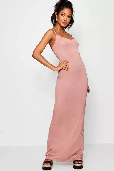 Boohoo Size 6 Basic Strappy Maxi Dress Spaghetti Strap Sleeveless Antique Rose