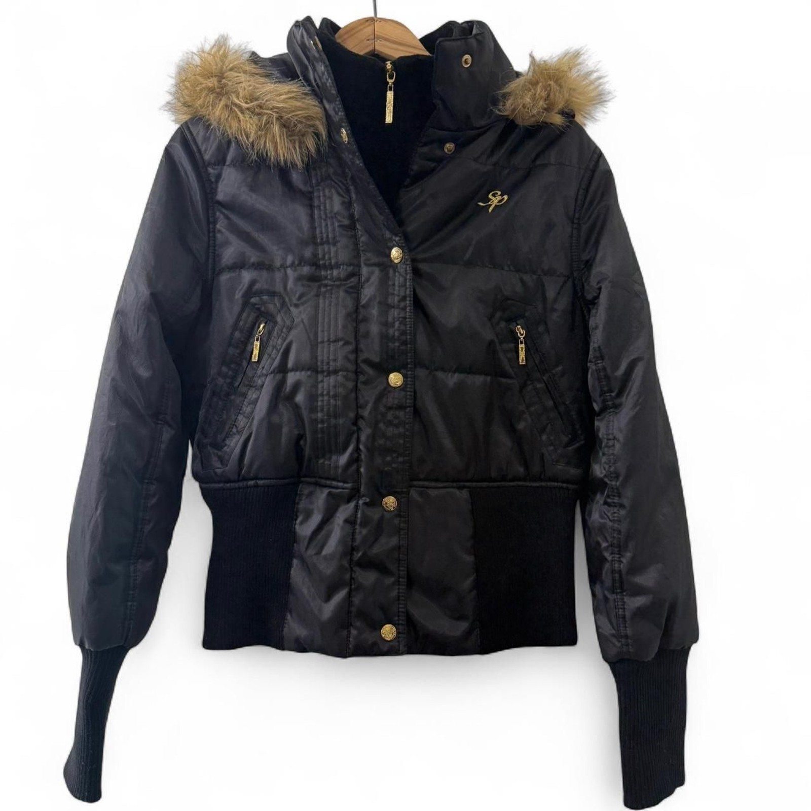 Vintage Southpole Black Puffer Jacket Faux Fur Hood Size XL Y2k