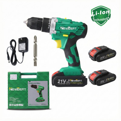 Drill Driver Kit 21V 2 Batteries Charger Case 15+1 Torque LED Light 30N.m
