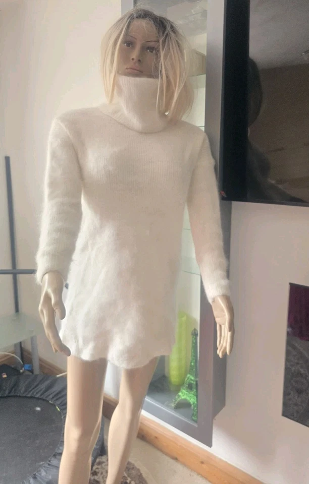 IMPRESIONANTE Vestido Suéter Suave Angora Esponjoso Acanalado CUELLO TORTUGA LARGO BLANCO 42" - Imagen 4 de 4