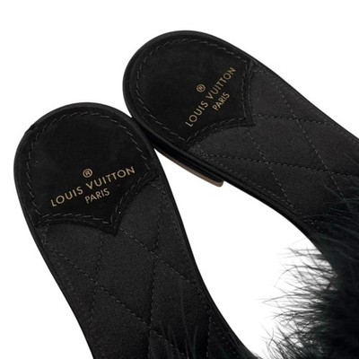 LOUIS VUITTON LV Bijou Logo Fur Flat Sandals #36 Rhinestone Black