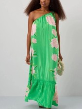 Farm Rio Floral Vibing Maxi Dress Green Pink Floral One Shoulder Tiered Large
