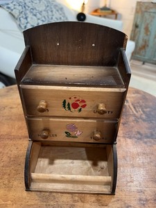 Vintage Wood Wooden Hanging Sewing Box Storage Drawers Painted Flowers 