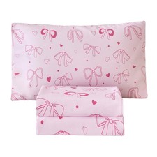 Pink Bow Kids Sheet Set Twin Size 3 PCS Girls Heart Dots Printed Bedding