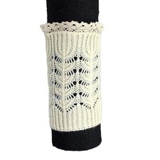Cream Pointelle Knit Boot Cuffs with Scalloped Lace Trim Ivory Leg Warmers