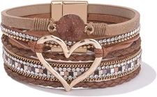 FANCY SHINY Heart Leather Wrap Bracelets Stackable Boho Cuff Bangles Brown 