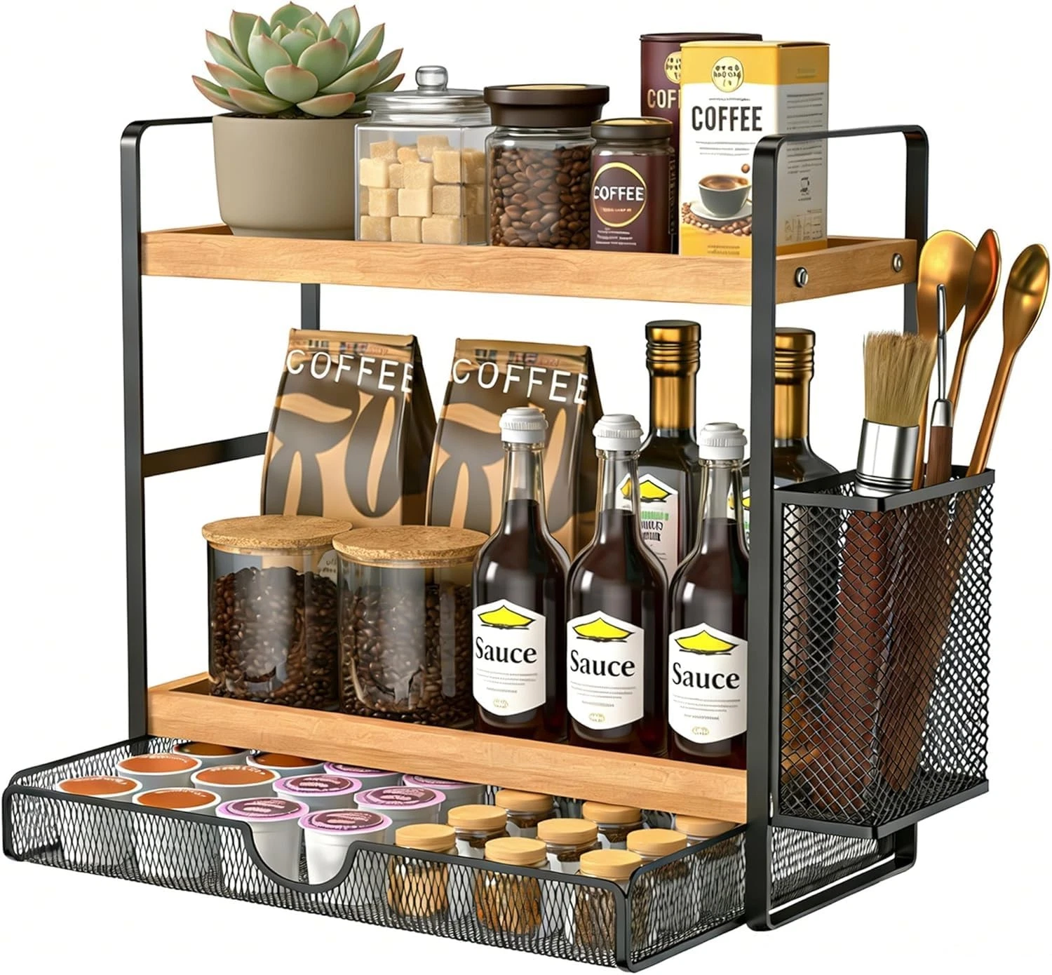 2 Tier Spice Rack Organizer for Countertop with Drawer and Basket, Suitable f...