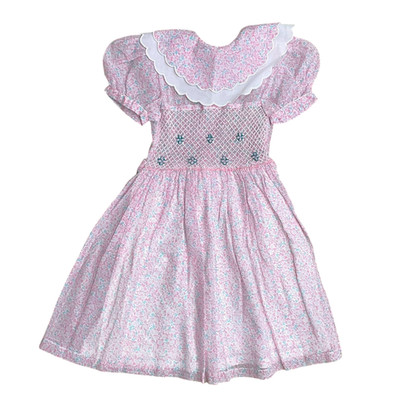 Smocked Pink White Dress Heirloom Lace Layered Bib Girls Size 6 Floral Easter